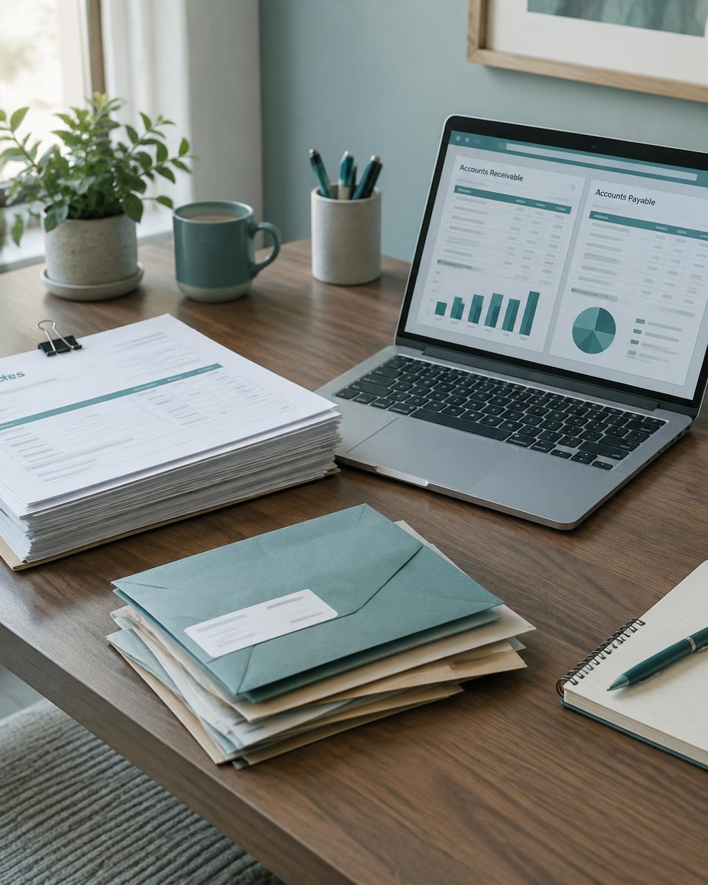 Invoices and envelopes next to a laptop showing accounts receivable and payable