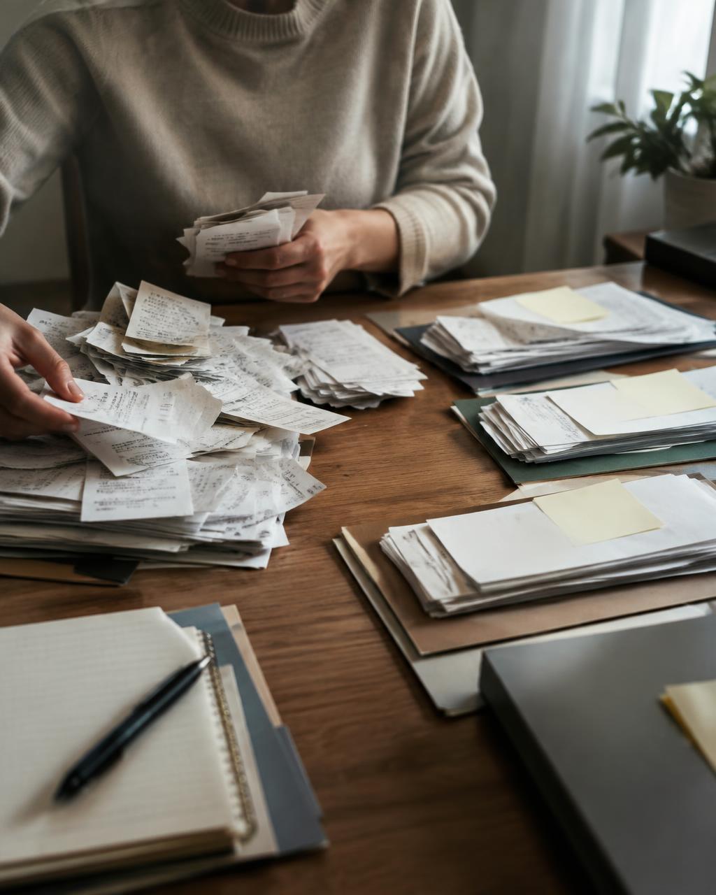 Receipts being sorted into organized stacks on a desk