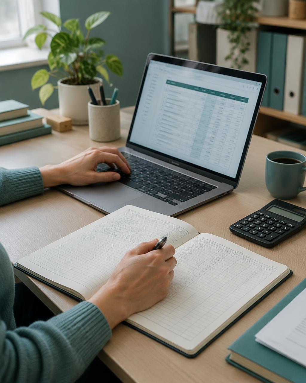 Bookkeeper entering monthly records on a laptop beside a ledger