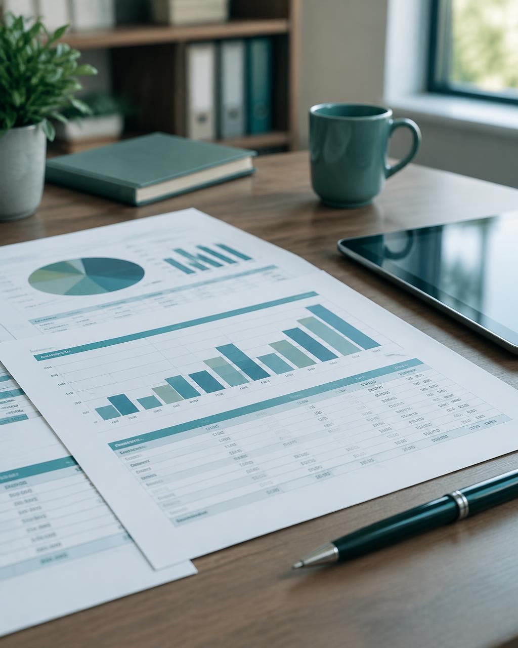 Printed financial reports with charts on a desk